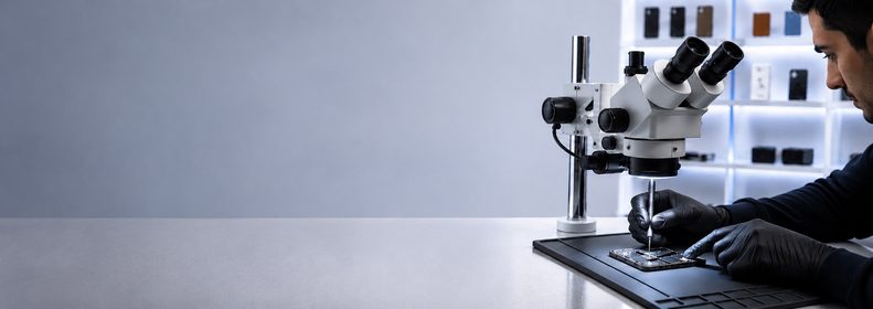 Técnico reparando una placa con microscopio